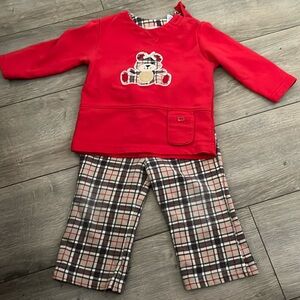 LS red shirt with plaid bear and plaid pants. Size 12 months.